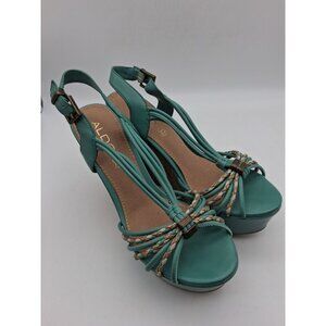 Aldo Teal Wedge Platform Strappy Sandals Size 8 Cork Wedge Heel Buckle